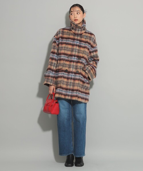 Ray BEAMS コート アウター チェック ダブル ハーフ レディース