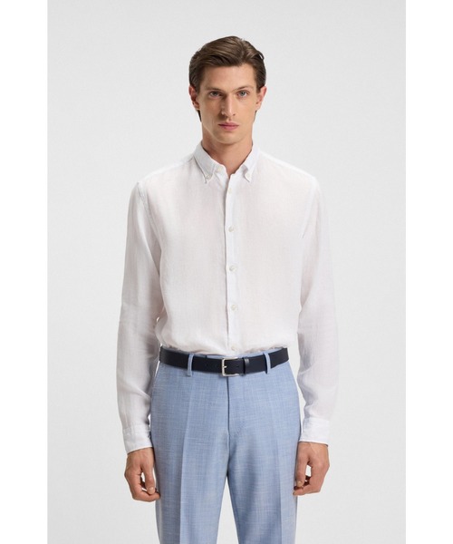 BOSS リネン ホワイトシャツ BOSS（HUGO BOSS） シャツ レギュラーフィット ボタンダウンシャツ