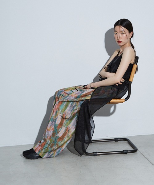 NOMINE パンツ 水彩アート ニュアンス柄 タックパンツ