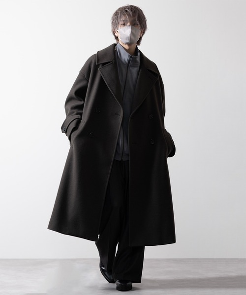 CLEL ブラック ダブルブレスト チェスターコート L CLEL】Tech Melton Loose Double Chester Court/テックメルトンルーズ