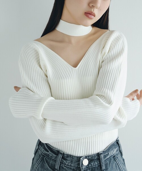 ニット セーター open neck bow knit レディース