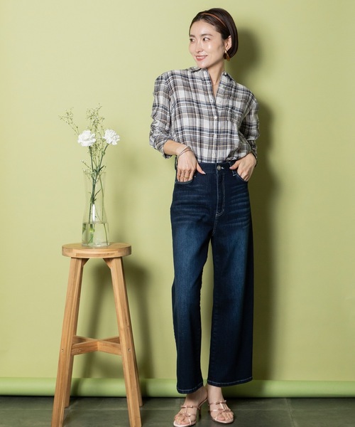 ブラウス シャツ リネンチェック ロゴ刺繍シャツ レディース RESPEC ブラウス シャツ リネンチェック ロゴ刺繍シャツ