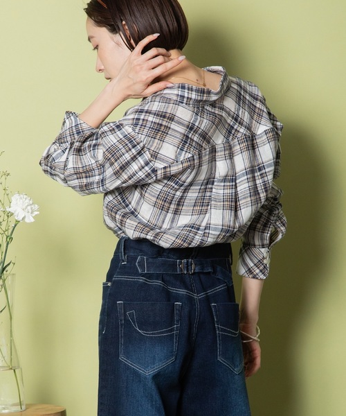 RESPEC ブラウス シャツ リネンチェック ロゴ刺繍シャツ
