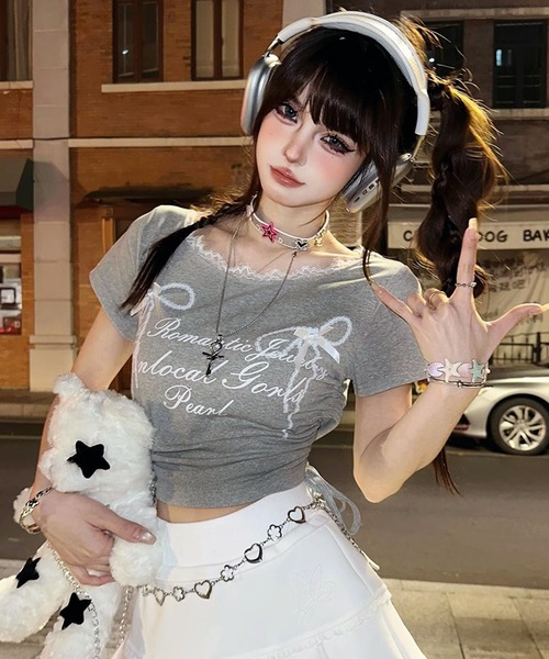 AD2022 23SS リボン装飾Tシャツ 白 セール】【新色追加】4色展開リボンデザイン半袖Tシャツ（T