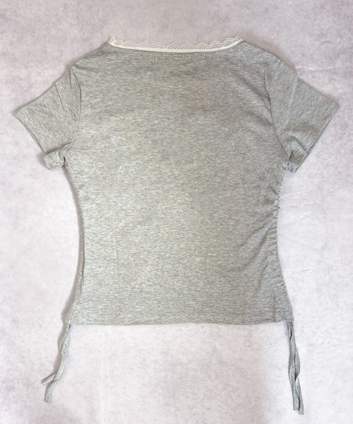 VIBGYOR tシャツ サイドギャザー リボンデザインレースTシャツ/地雷系
