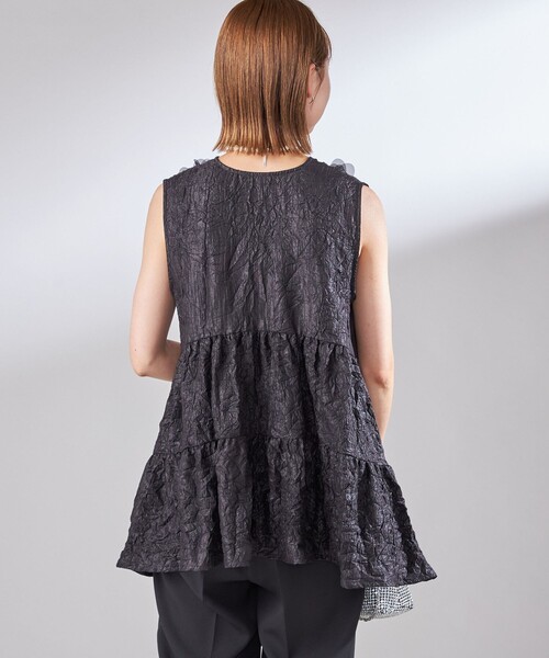 【新品】TORRAZZO DONNA トラッゾドンナ ブラウス ブラック 黒 サイズ:FREE / 24秋冬 オーガンジー モチーフ ブラウス / バンドカラー フレンチスリーブ ショート丈 / トップス シャツ 【レディース】 Torrazzo Donna（トラッゾドンナ） ブラウス シャツ TORRAZZO DONNA
