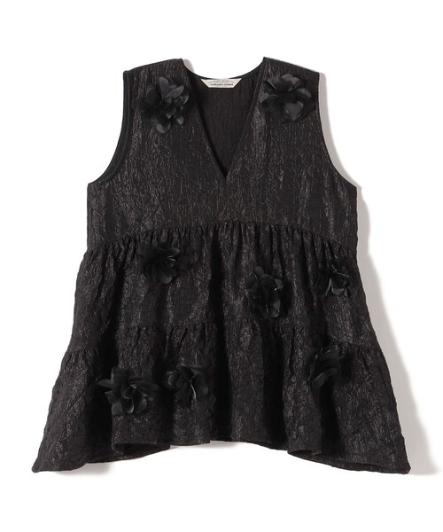 【新品】TORRAZZO DONNA トラッゾドンナ ブラウス ブラック 黒 サイズ:FREE / 24秋冬 オーガンジー モチーフ ブラウス / バンドカラー フレンチスリーブ ショート丈 / トップス シャツ 【レディース】 Torrazzo Donna（トラッゾドンナ） ブラウス シャツ TORRAZZO DONNA