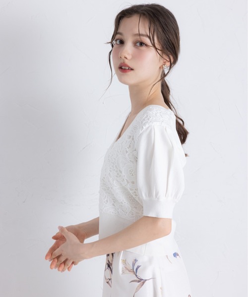 カーディガン パール釦フラワーレース切り替えニットカーディガン レディース tocco closet カーディガン パール釦フラワーレース切り替え