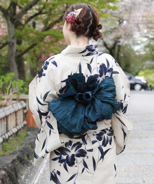 和なでしこ 浴衣 変わり織り綿麻浴衣3点セット「生成り地に紺色