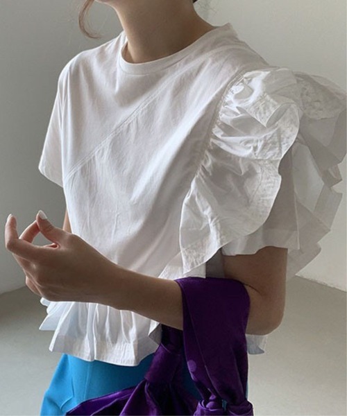 tシャツ フリルショルダーラウンドネックTシャツ レディース