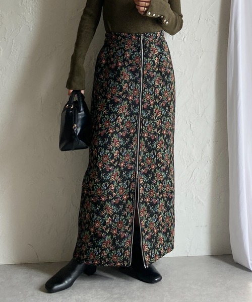 She's Closet スカート タイトロング丈花柄フラワージップゴブラン柄