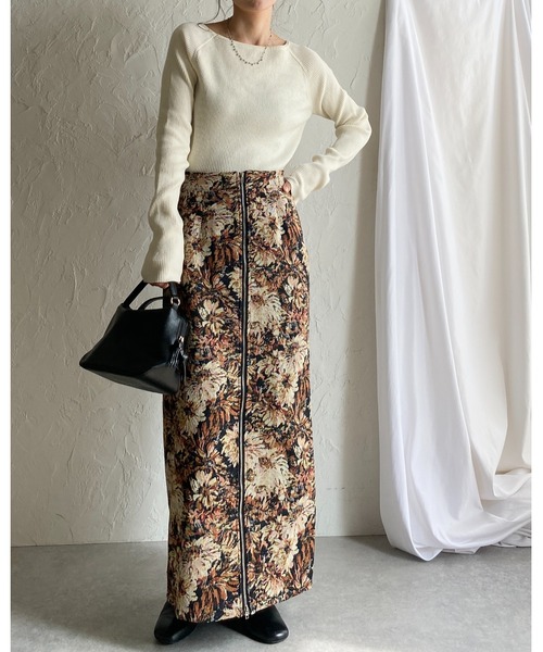 She's Closet スカート タイトロング丈花柄フラワージップゴブラン柄