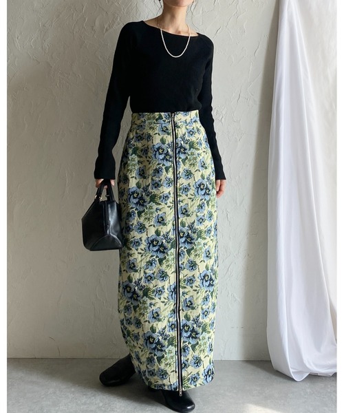 She's Closet ロング スカート タイトロング丈花柄フラワージップ