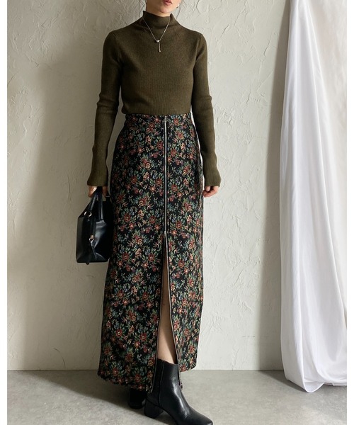She's Closet ロング スカート タイトロング丈花柄フラワージップ