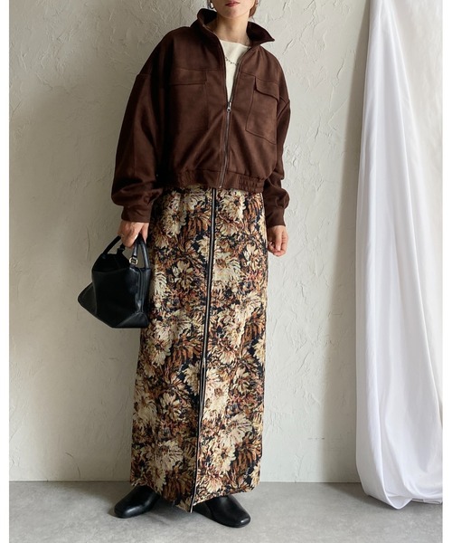 リュミエ　ブラウン花柄タイトスカート　アウターセット未使用 She's Closet スカート タイトロング丈花柄フラワージップゴブラン柄