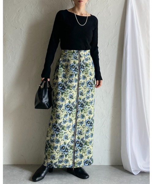She's Closet ロング スカート タイトロング丈花柄フラワージップ