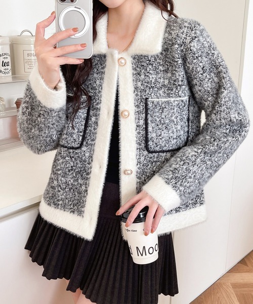 Diosfront カーディガン 襟付きシャギーニットカーディガン レディース