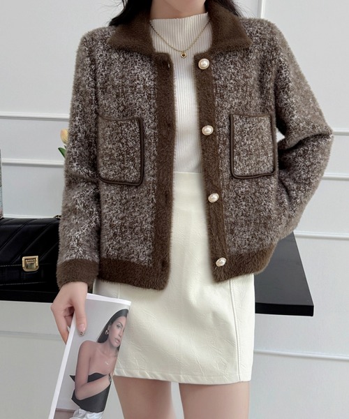 Diosfront カーディガン 襟付きシャギーニットカーディガン レディース