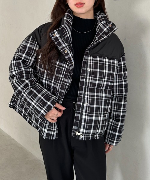 ダウンコート ダウンジャケット チェック柄切り替え中綿アウター
