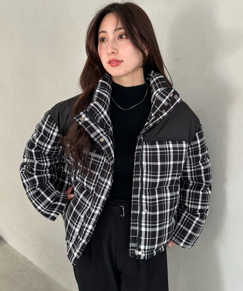 インポート◆チェック柄◆ダウンジャケット◆ショート丈 ダウンコート ダウンジャケット チェック柄切り替え中綿アウター