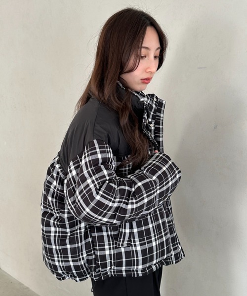 ダウンコート ダウンジャケット チェック柄切り替え中綿アウター