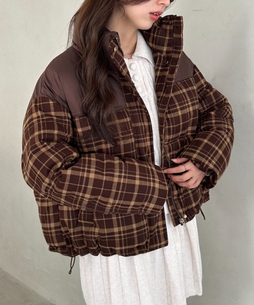 ダウンコート ダウンジャケット チェック柄切り替え中綿アウター