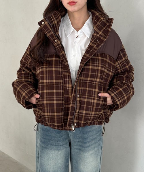 ダウンコート ダウンジャケット チェック柄切り替え中綿アウター