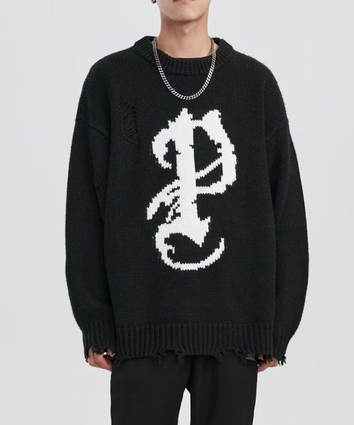 lilful セーター ニット イニシャルロゴオーバーサイズダメージプル