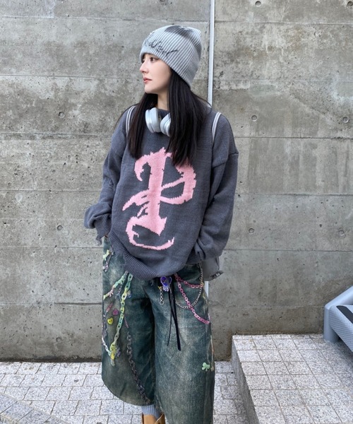 オブリ　ロゴ　ニット　ブラック ロゴ刺繍タートルニット/ブラック | TOPS | OBLI