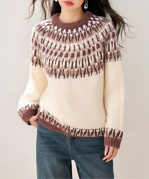 ニット セーター フェアアイル柄ツートーンニットトップス レディース