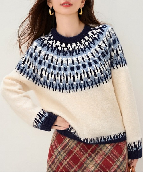 ニット セーター フェアアイル柄ツートーンニットトップス レディース