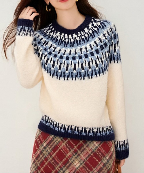 ニット セーター フェアアイル柄ツートーンニットトップス レディース