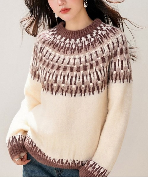 ニット セーター フェアアイル柄ツートーンニットトップス レディース