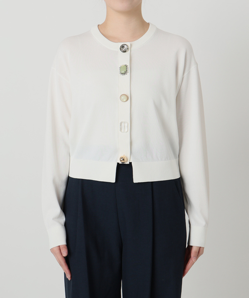 【TORRAZZO DONNA 】ビジューホワイト カーディガン 　ホワイト トラッゾドンナ Torrazzo Donna クルーネック ビジュー ニット