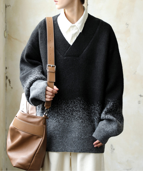 「neos」 長袖ニット MEDIUM ブラック×グレー メンズ_画像2