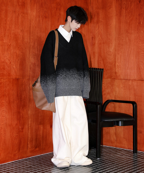 「neos」 長袖ニット MEDIUM ブラック×グレー メンズ_画像3