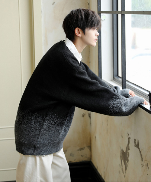 「neos」 長袖ニット MEDIUM ブラック×グレー メンズ_画像5