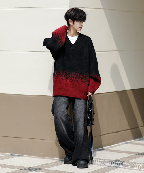 「neos」 長袖ニット MEDIUM ブラック×グレー メンズ_画像8