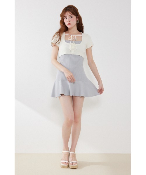 フロントリボンカーデセットニットミニワンピース　春服 夏服 rienda（リエンダ） ワンピース 半袖 フロントリボンカーデセット