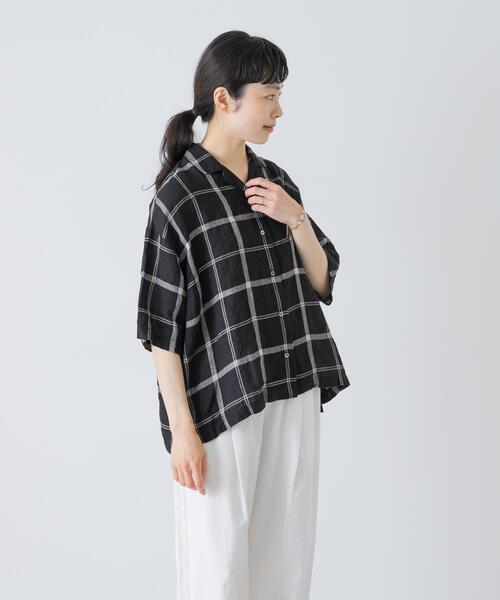 ブラウス シャツ リネンチェック半袖シャツ レディースの画像