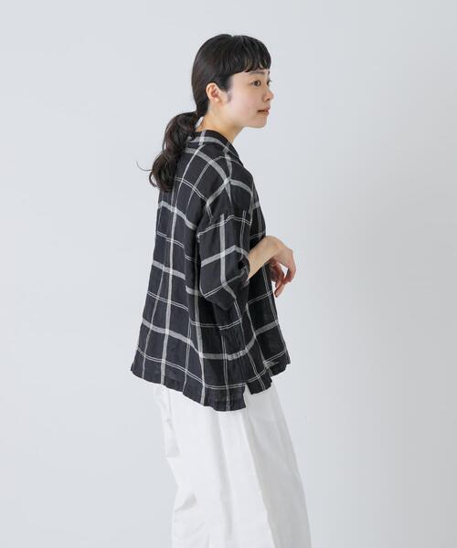 ブラウス シャツ リネンチェック半袖シャツ レディースの画像
