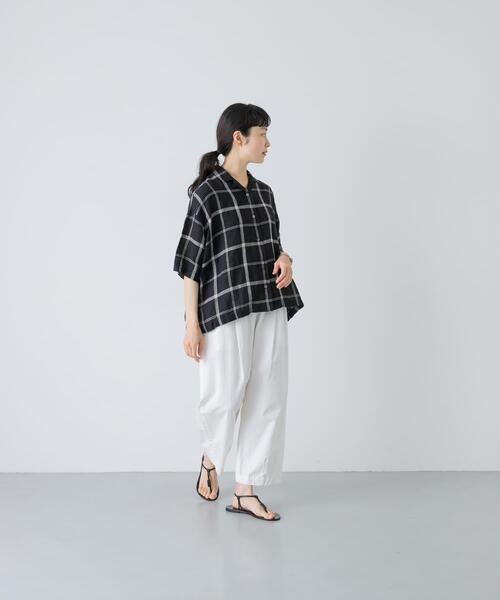 ブラウス シャツ リネンチェック半袖シャツ レディースの画像