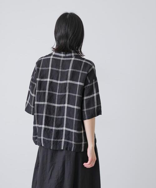 ブラウス シャツ リネンチェック半袖シャツ レディースの画像
