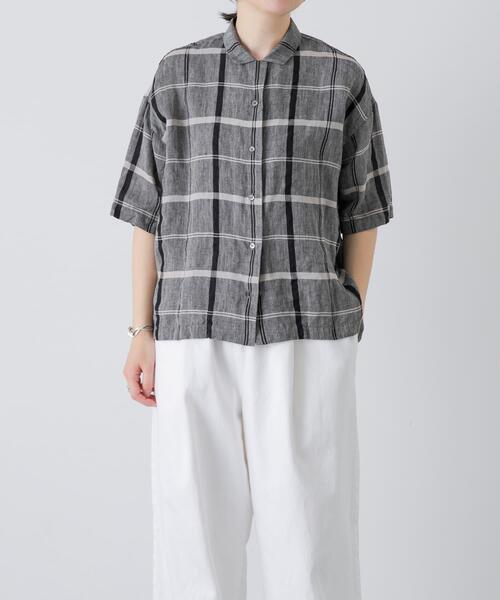 ブラウス シャツ リネンチェック半袖シャツ レディースの画像