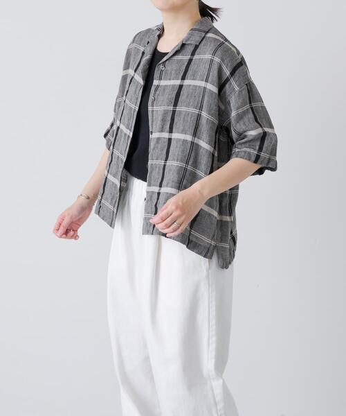 ブラウス シャツ リネンチェック半袖シャツ レディースの画像