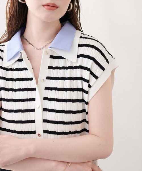 natural couture ニット セーター 衿付きケーブルノースリカーデ風TOPS