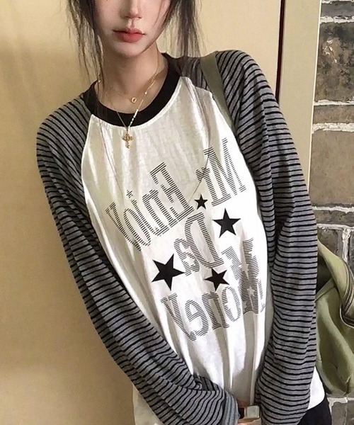 Sibra（シブラ） tシャツ 星柄ロゴプリント ボーダーラグラン長袖T