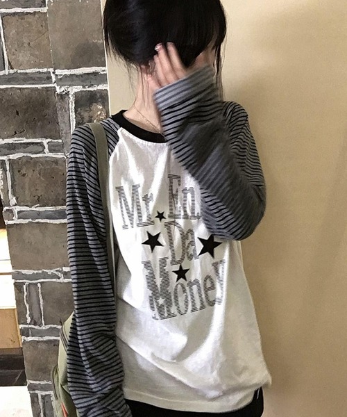 Sibra（シブラ） tシャツ 星柄ロゴプリント ボーダーラグラン長袖T