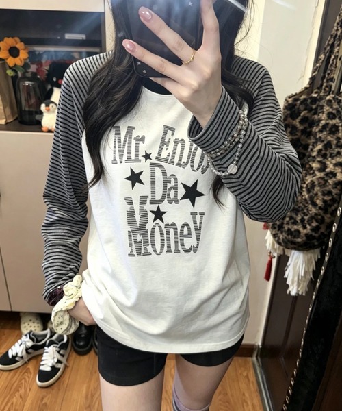 90s USA製 ラグラン Tシャツ 星柄 袖プリント S 白 黒 TATTOO Sibra（シブラ） tシャツ 星柄ロゴプリント ボーダーラグラン長袖T