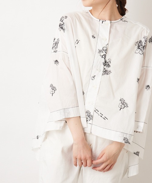 pual ce cin シャツ ブラウス ひまわり手描き刺繍ブラウス